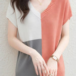 Casual V-Neck Color Block Short Sleeve Knitwear - liwisi