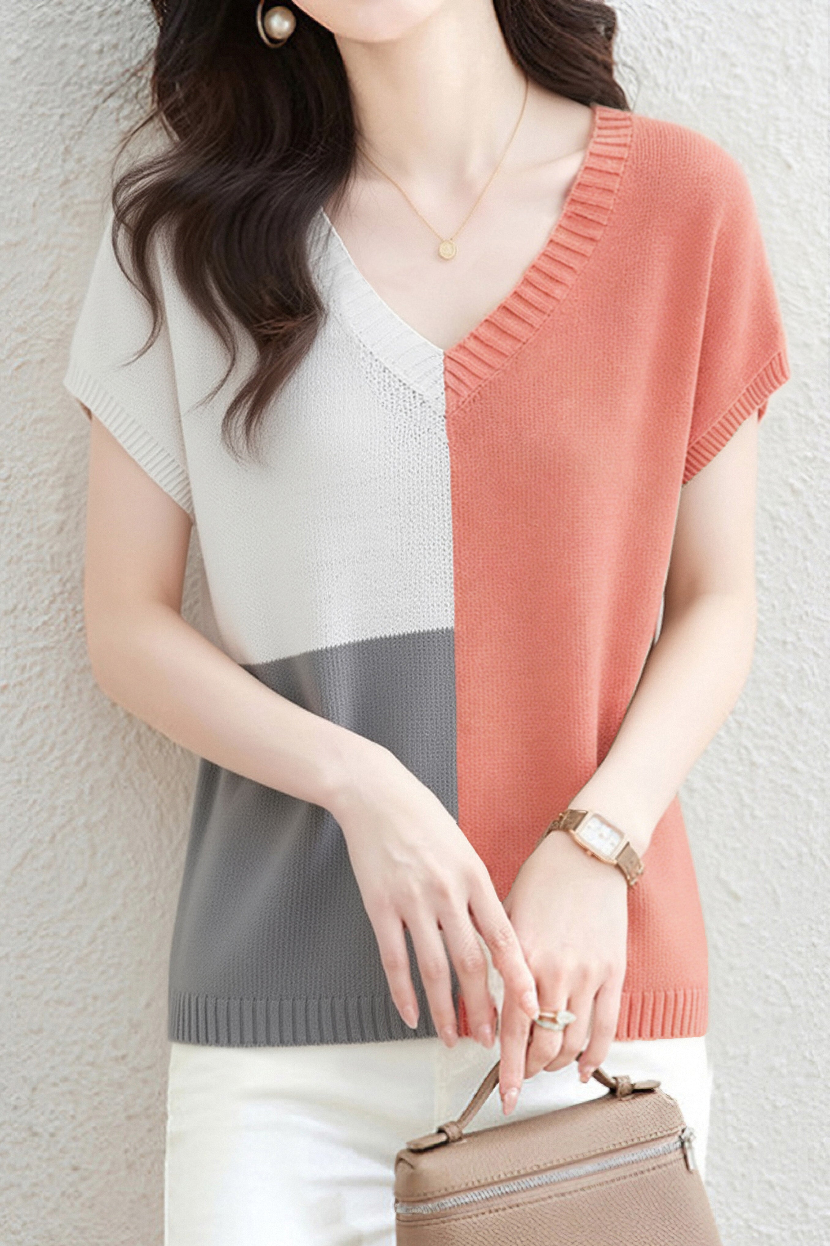 Casual V-Neck Color Block Short Sleeve Knitwear - liwisi