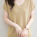 Casual V-Neck Color Block Short Sleeve Knitwear - liwisi