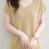 Casual V-Neck Color Block Short Sleeve Knitwear - liwisi