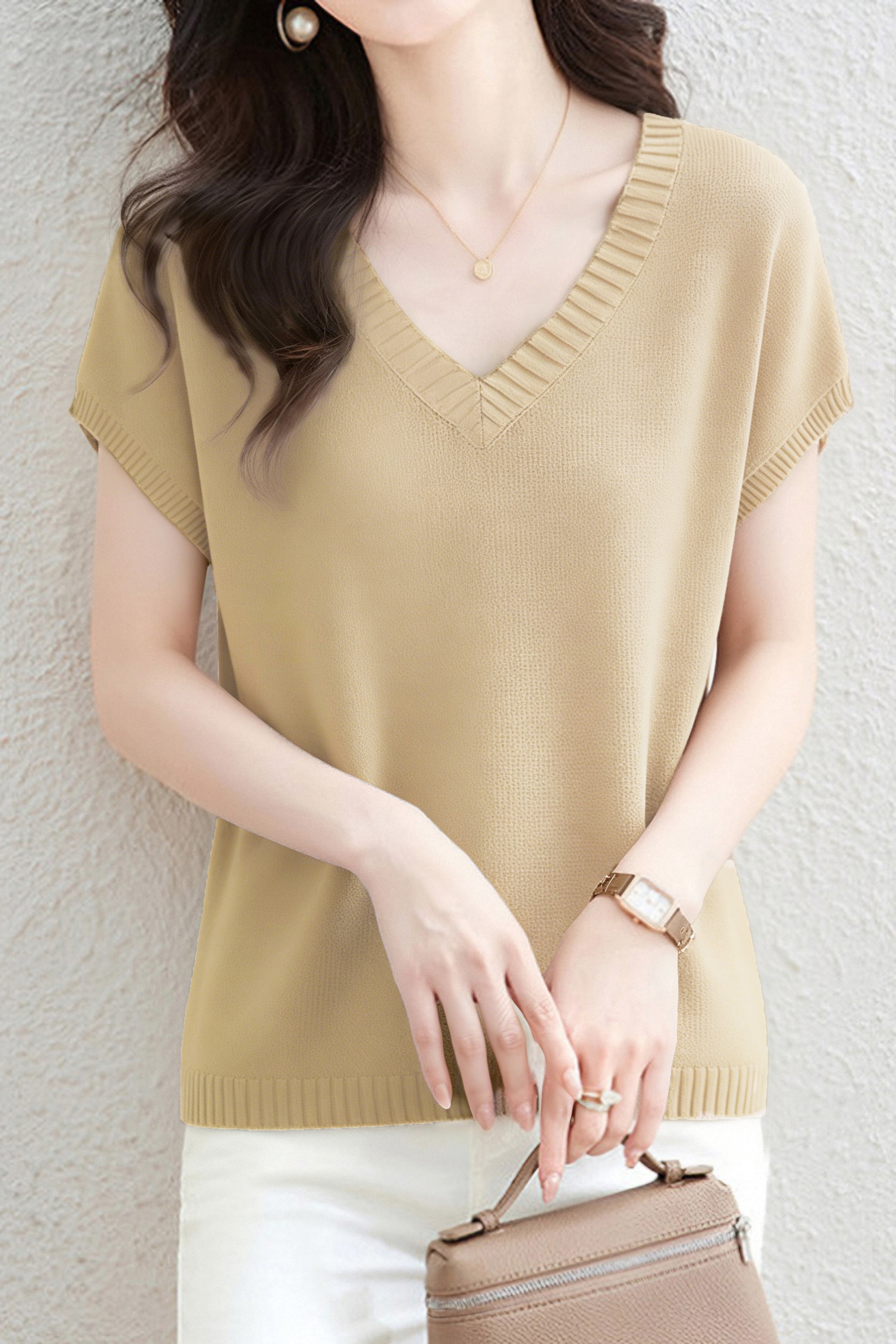 Casual V-Neck Color Block Short Sleeve Knitwear - liwisi