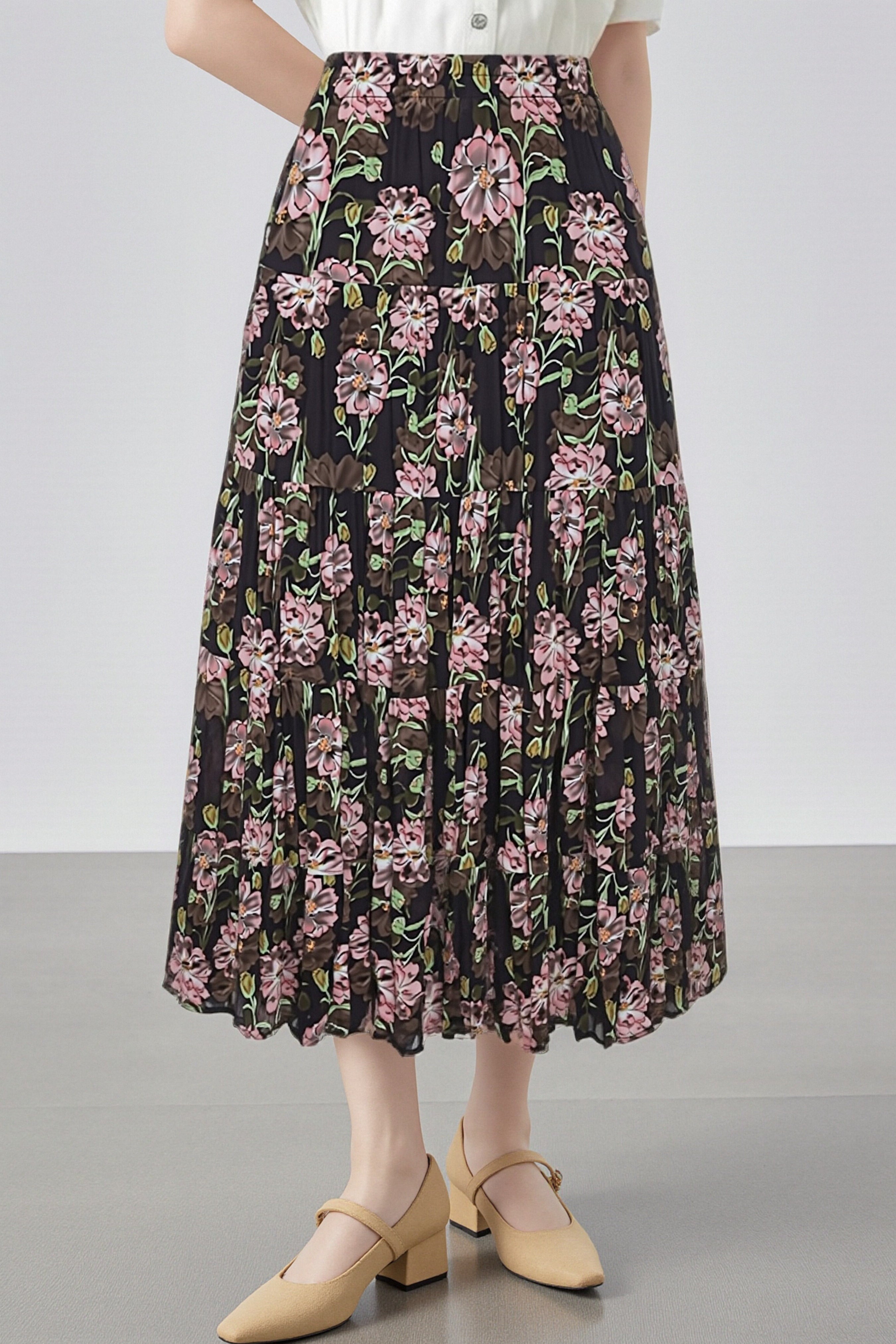 Elegant Floral Pleated Skirt (Midi) - liwisi