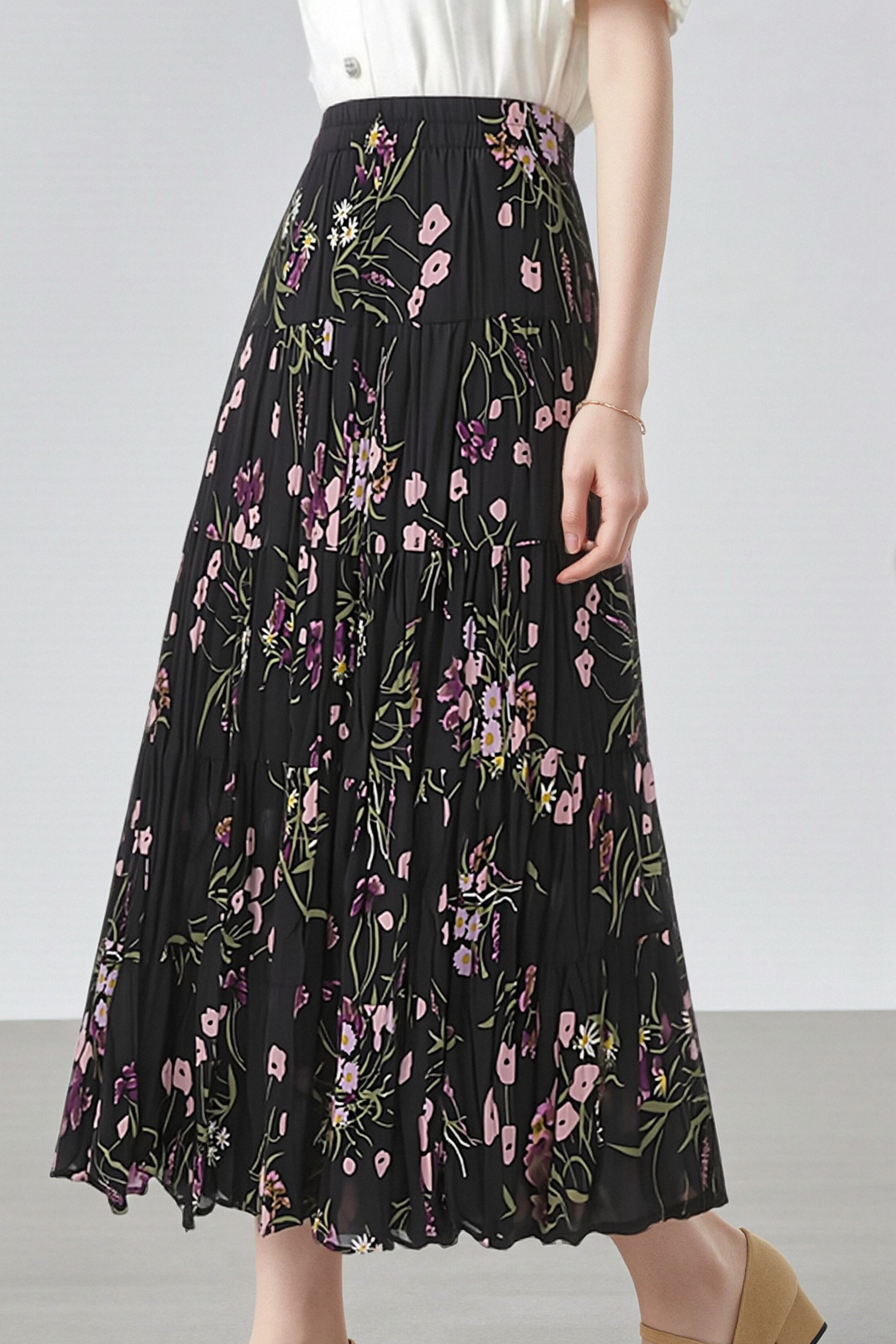 Elegant Floral Pleated Skirt (Midi) - liwisi