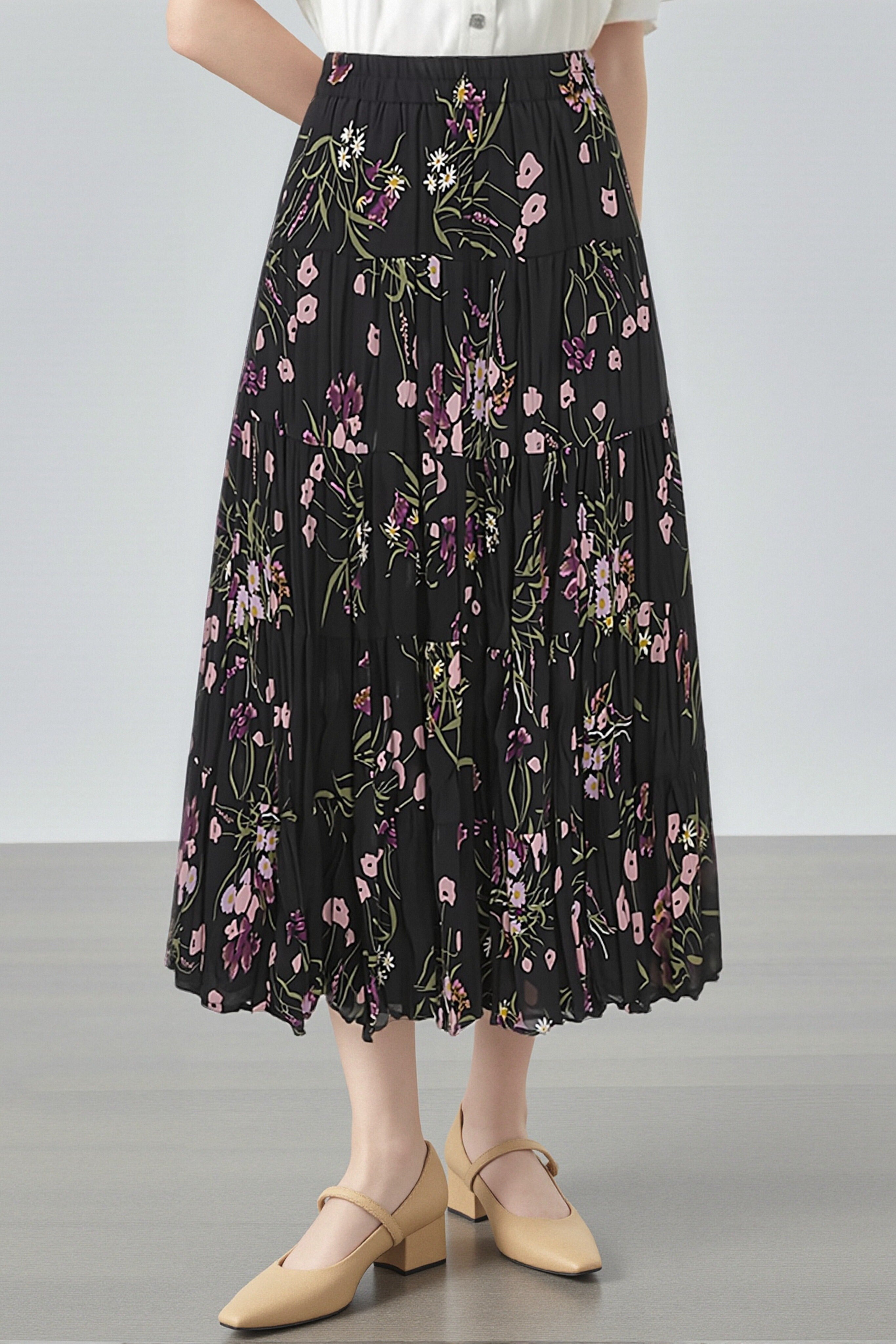 Elegant Floral Pleated Skirt (Midi) - liwisi
