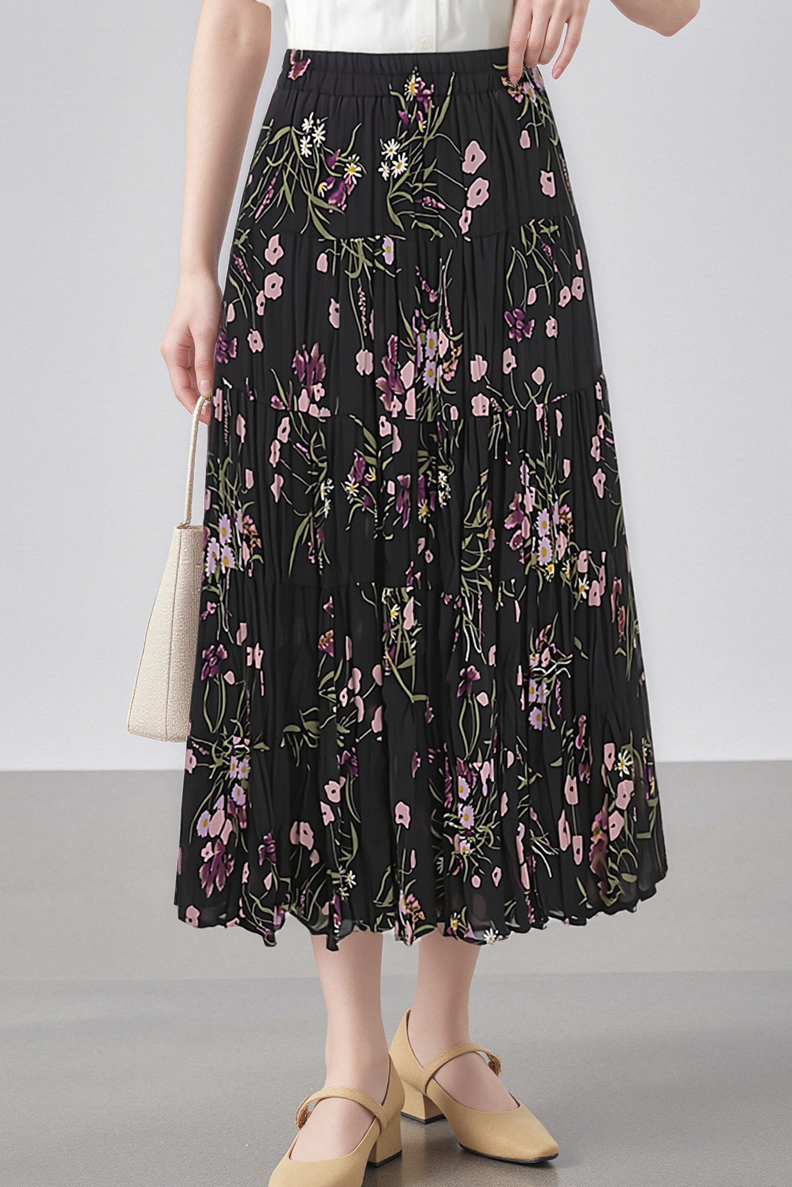 Elegant Floral Pleated Skirt (Midi) - liwisi