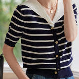 Casual Striped Nautical-Collar Knit Top - liwisi