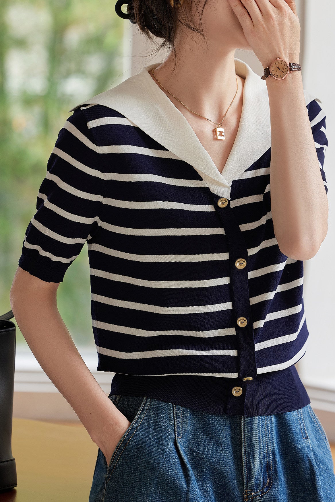 Casual Striped Nautical-Collar Knit Top - liwisi