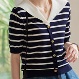 Casual Striped Nautical-Collar Knit Top - liwisi