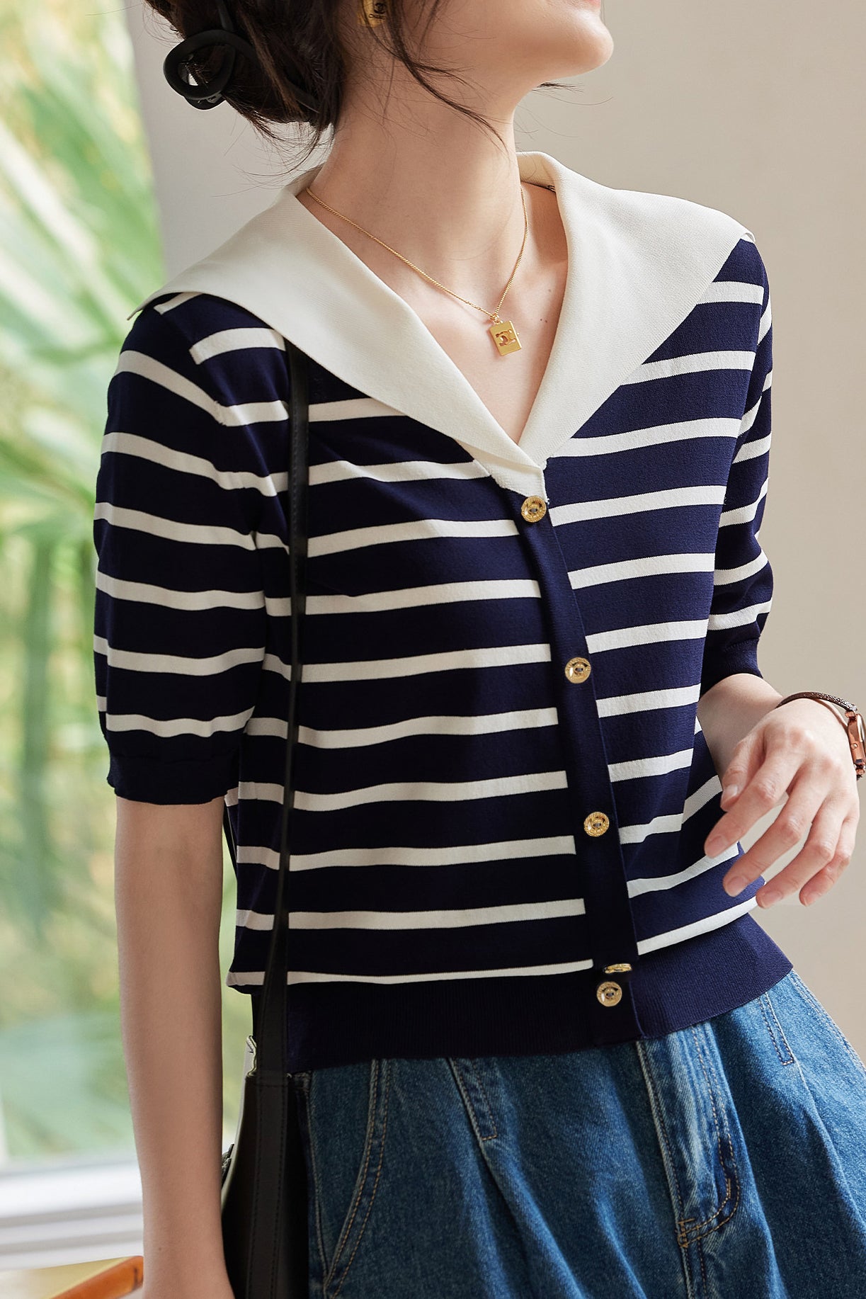 Casual Striped Nautical-Collar Knit Top - liwisi