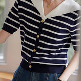 Casual Striped Nautical-Collar Knit Top - liwisi