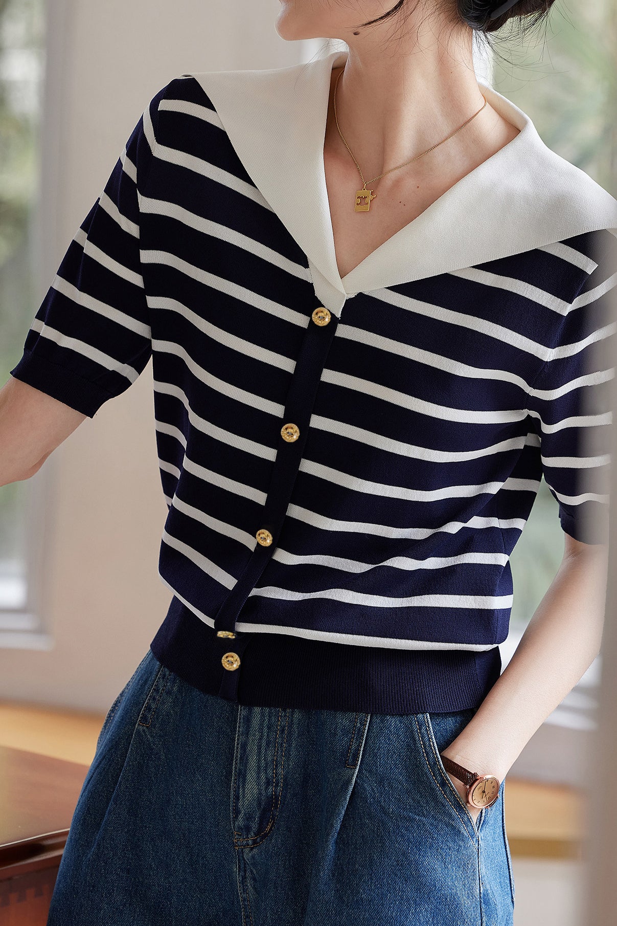 Casual Striped Nautical-Collar Knit Top - liwisi