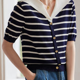 Casual Striped Nautical-Collar Knit Top - liwisi