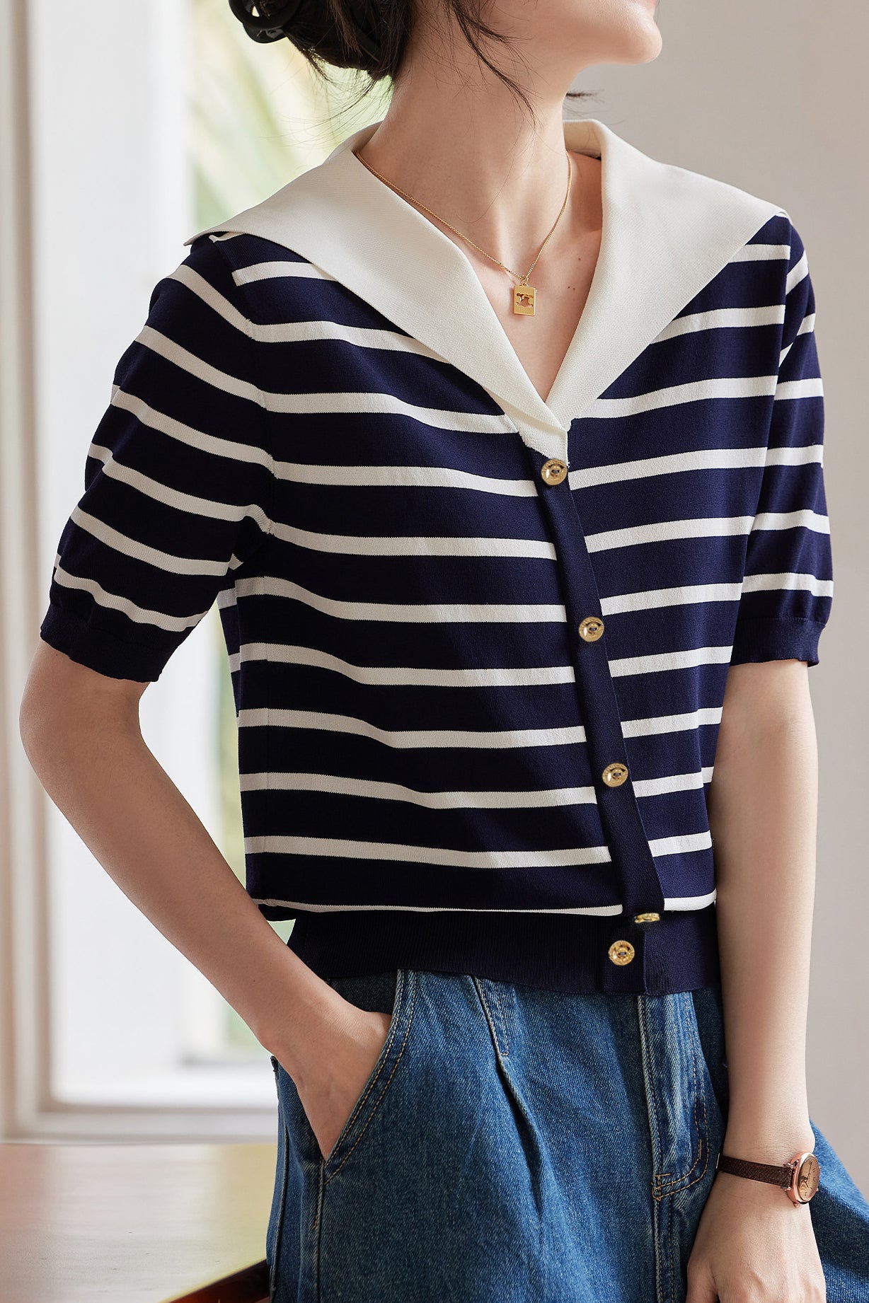 Casual Striped Nautical-Collar Knit Top - liwisi