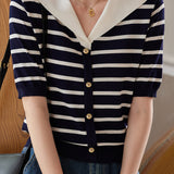 Casual Striped Nautical-Collar Knit Top - liwisi
