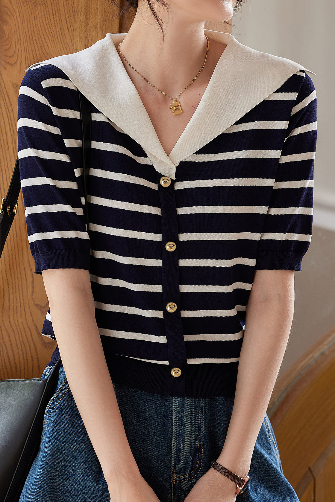 Casual Striped Nautical-Collar Knit Top - liwisi