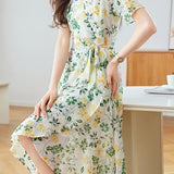 Elegant Floral Waist-Defining Dress - liwisi