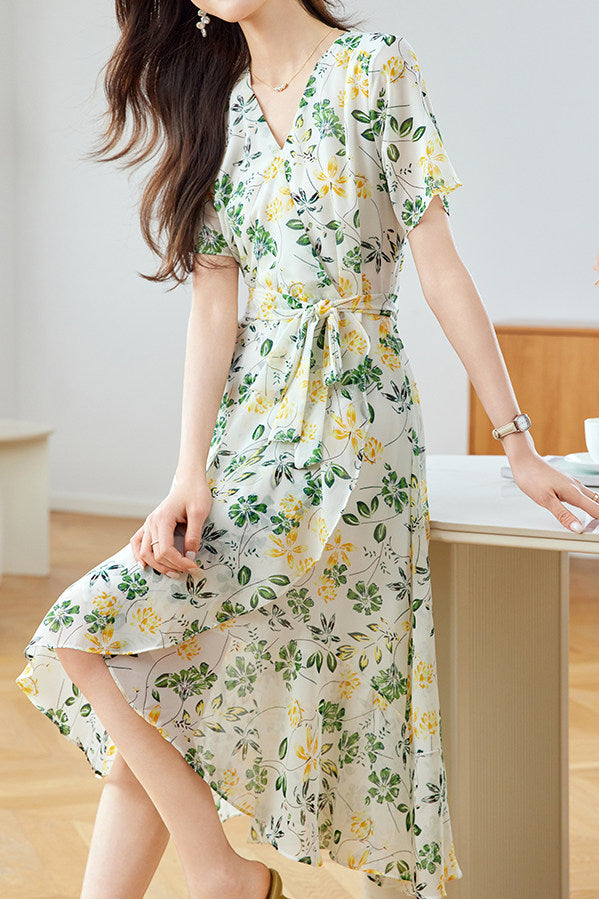 Elegant Floral Waist-Defining Dress - liwisi