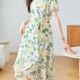 Elegant Floral Waist-Defining Dress - liwisi