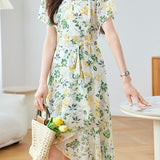 Elegant Floral Waist-Defining Dress - liwisi