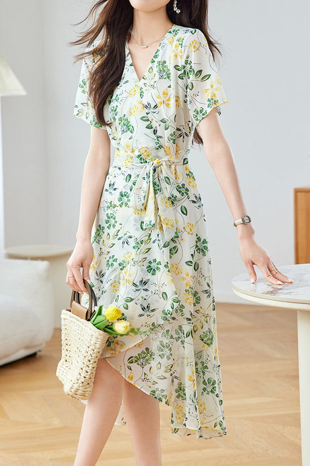 Elegant Floral Waist-Defining Dress - liwisi