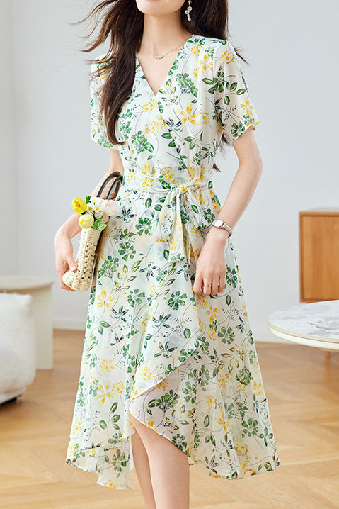 Elegant Floral Waist-Defining Dress - liwisi