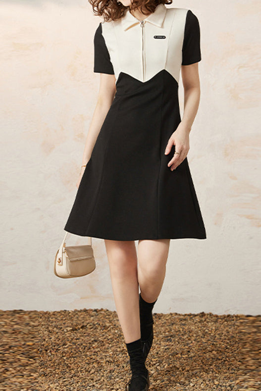 Casual Color-Block Patchwork Collared Dress - liwisi