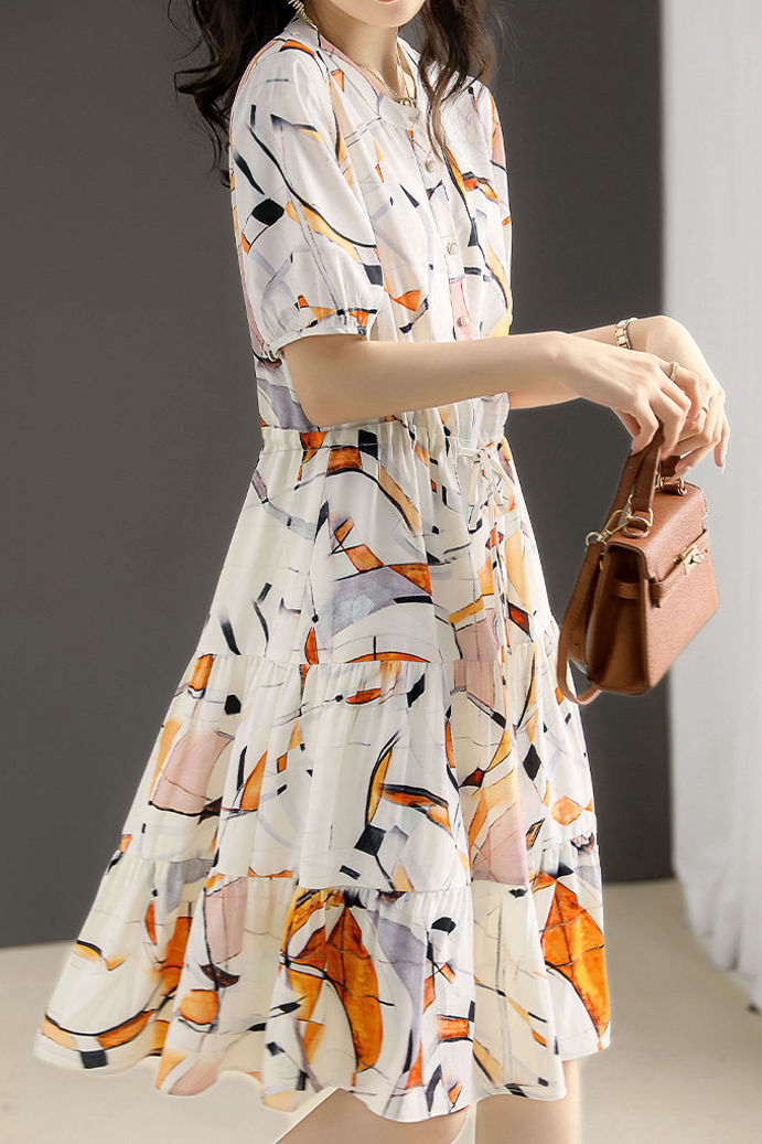 Casual Waist Tie Print Dress - liwisi