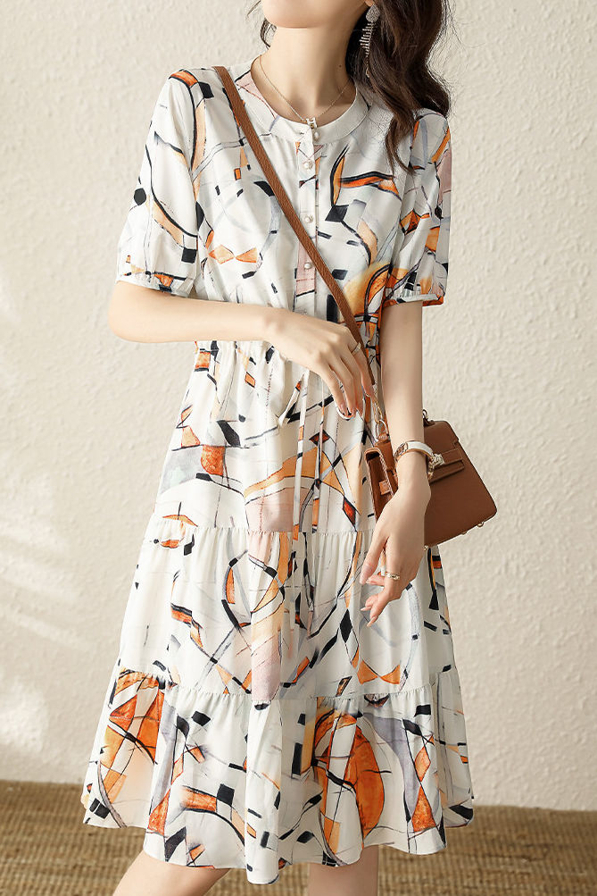 Casual Waist Tie Print Dress - liwisi