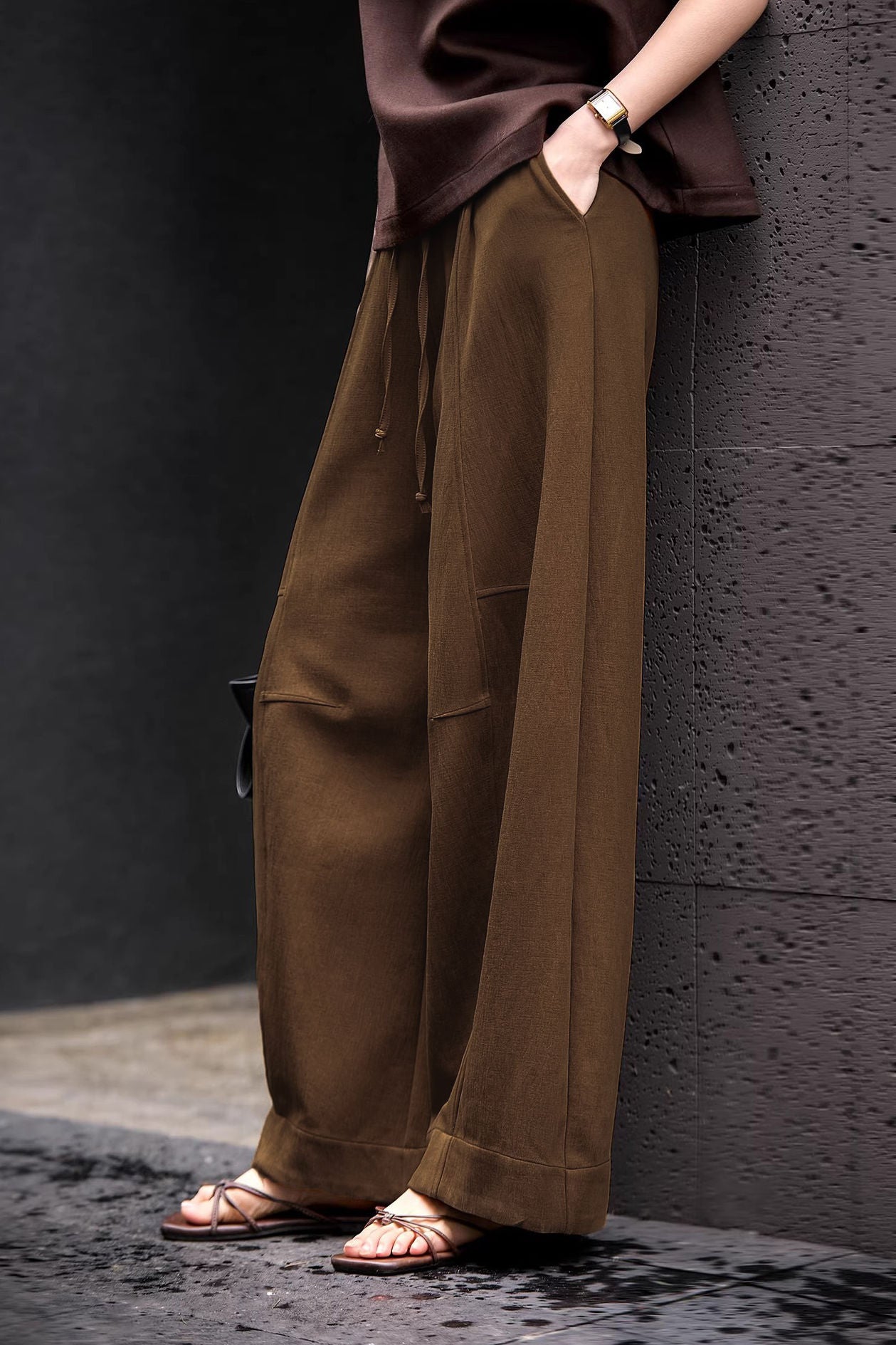 Casual Textured Drawstring Wide-Leg Pants - liwisi