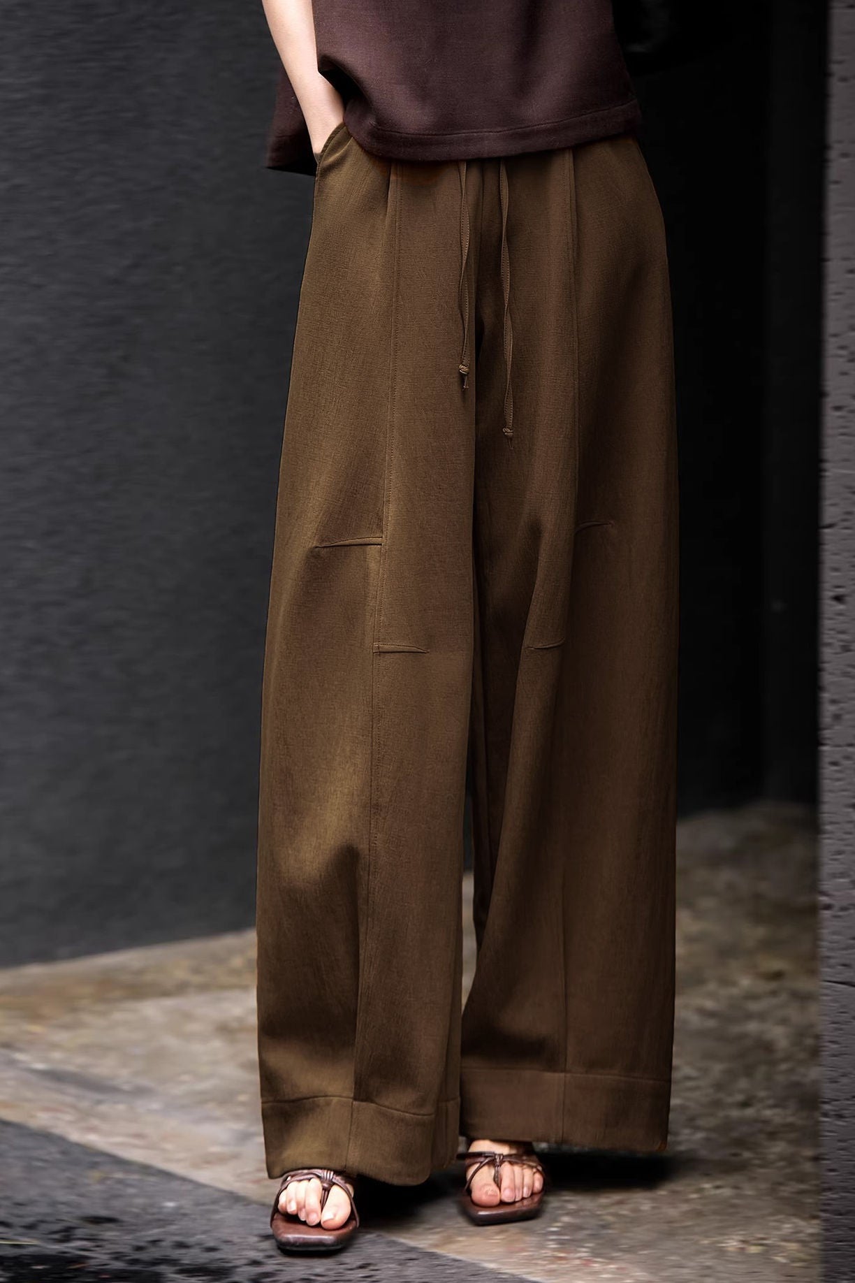 Casual Textured Drawstring Wide-Leg Pants - liwisi
