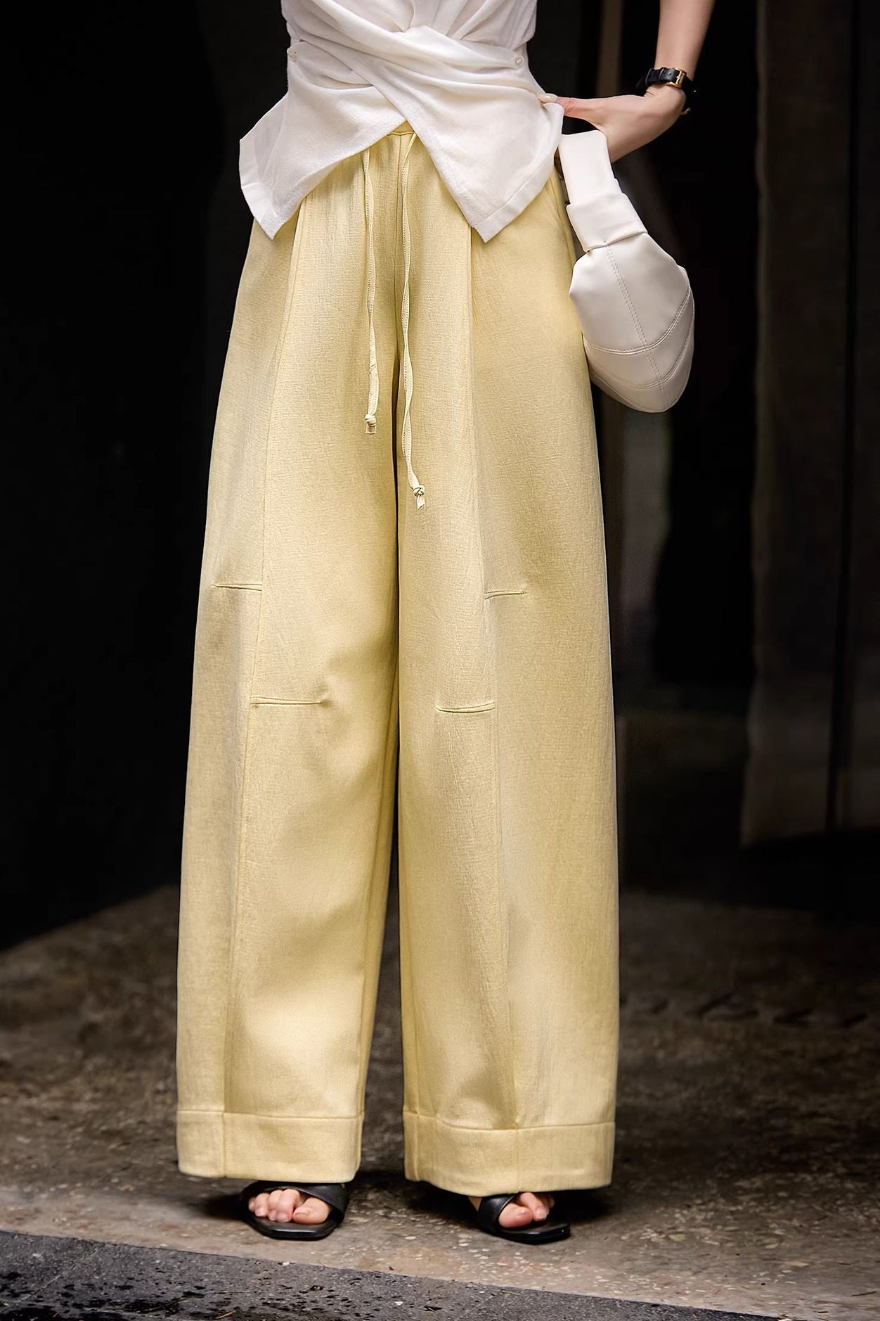 Casual Textured Drawstring Wide-Leg Pants - liwisi
