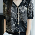 Casual V-Neck Five-Point Sleeve Jacquard Knit Cardigan - liwisi