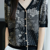 Casual V-Neck Five-Point Sleeve Jacquard Knit Cardigan - liwisi