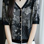 Casual V-Neck Five-Point Sleeve Jacquard Knit Cardigan - liwisi
