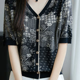 Casual V-Neck Five-Point Sleeve Jacquard Knit Cardigan - liwisi