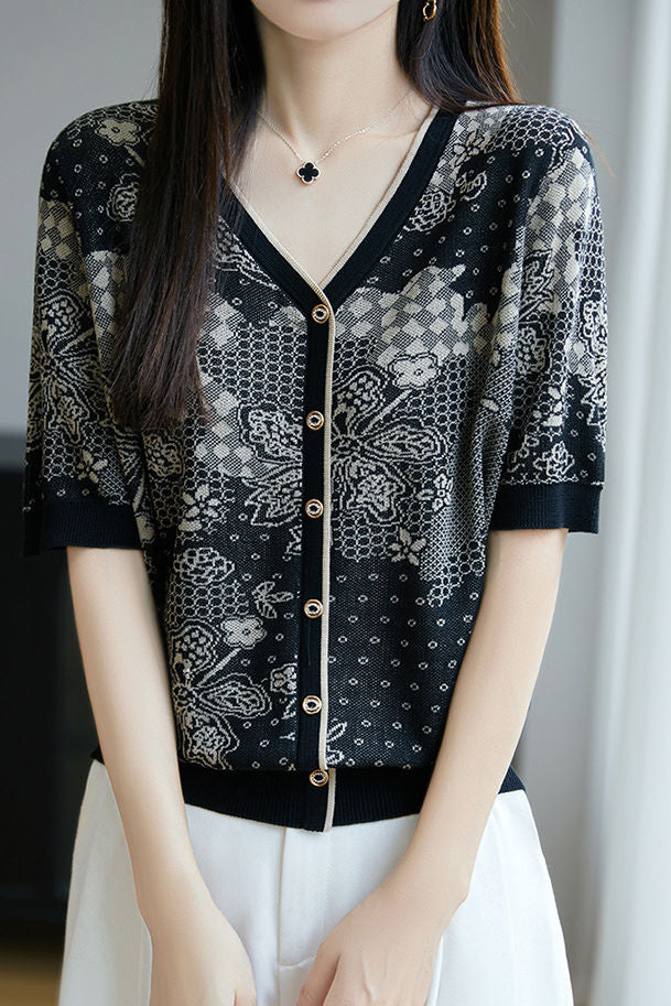 Casual V-Neck Five-Point Sleeve Jacquard Knit Cardigan - liwisi