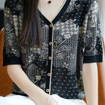 Casual V-Neck Five-Point Sleeve Jacquard Knit Cardigan - liwisi