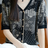 Casual V-Neck Five-Point Sleeve Jacquard Knit Cardigan - liwisi