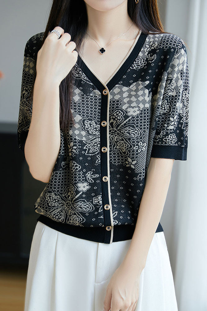 Casual V-Neck Five-Point Sleeve Jacquard Knit Cardigan - liwisi