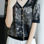Casual V-Neck Five-Point Sleeve Jacquard Knit Cardigan - liwisi
