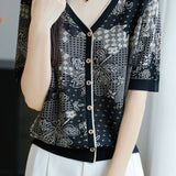 Casual V-Neck Five-Point Sleeve Jacquard Knit Cardigan - liwisi