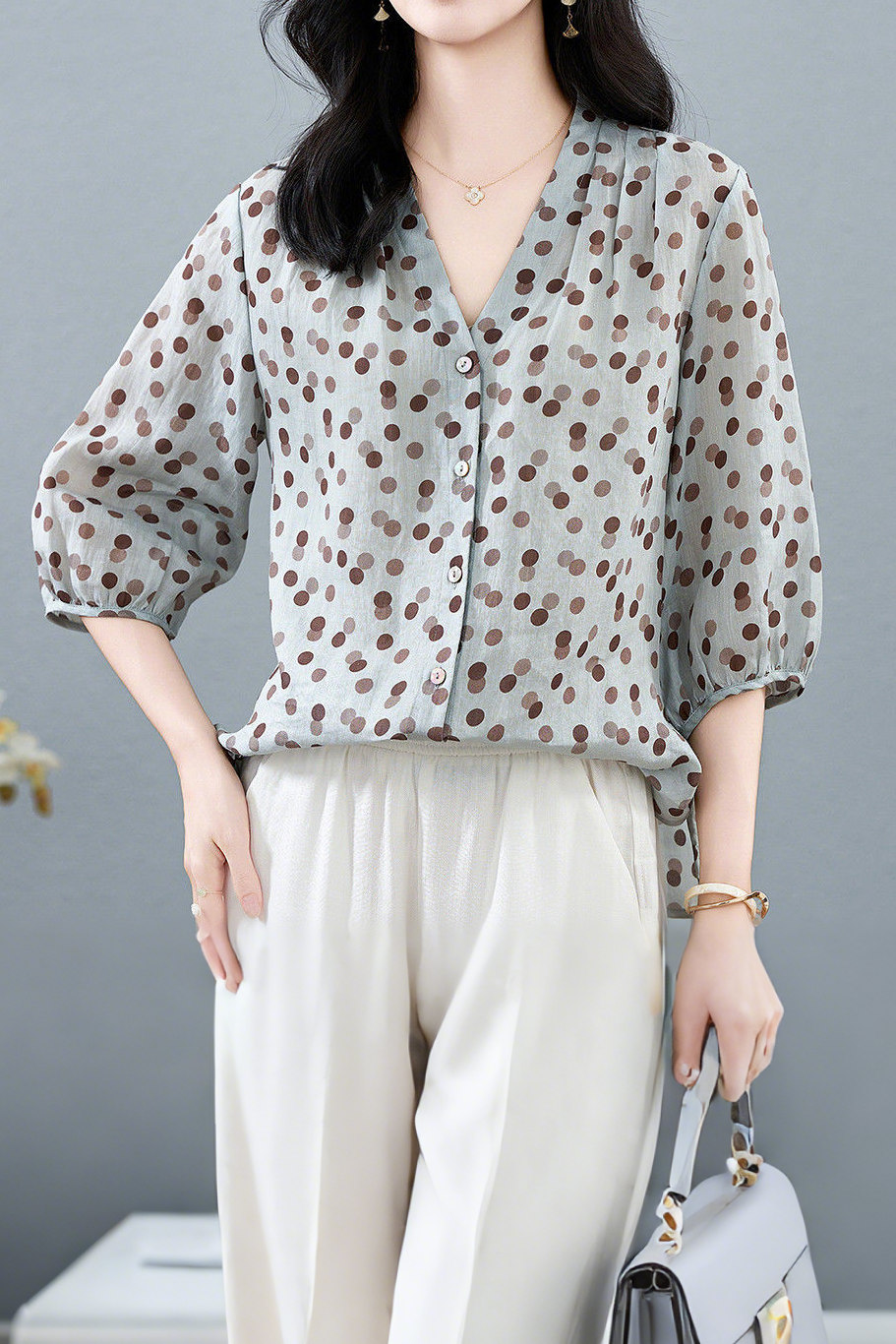 Casual Polka Dot V-Neck Versatile Shirt - liwisi