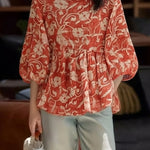 Casual Retro Print Lantern Sleeve Shirt - liwisi