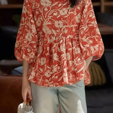 Casual Retro Print Lantern Sleeve Shirt - liwisi