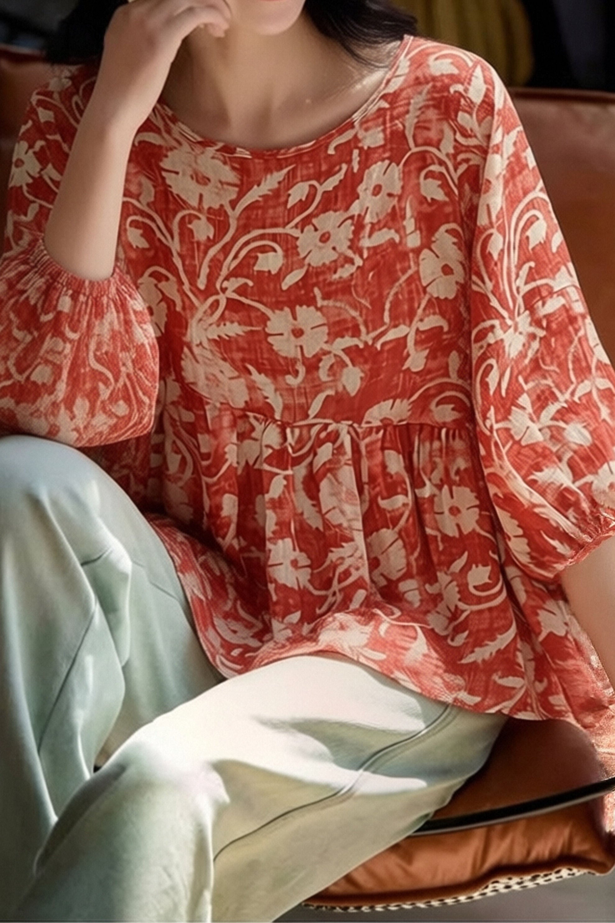 Casual Retro Print Lantern Sleeve Shirt - liwisi