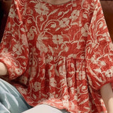 Casual Retro Print Lantern Sleeve Shirt - liwisi