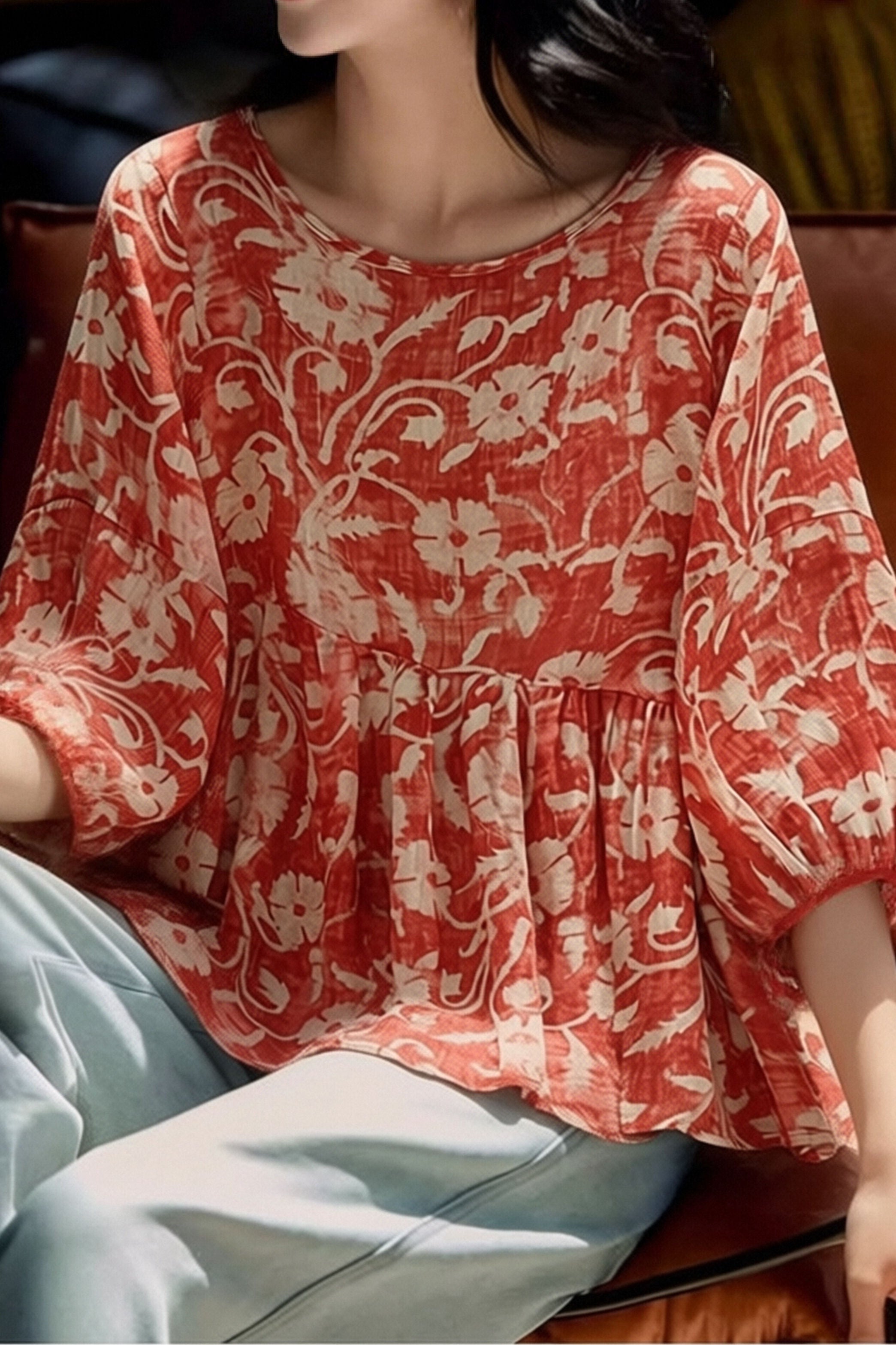 Casual Retro Print Lantern Sleeve Shirt - liwisi