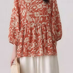 Casual Retro Print Lantern Sleeve Shirt - liwisi