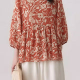 Casual Retro Print Lantern Sleeve Shirt - liwisi