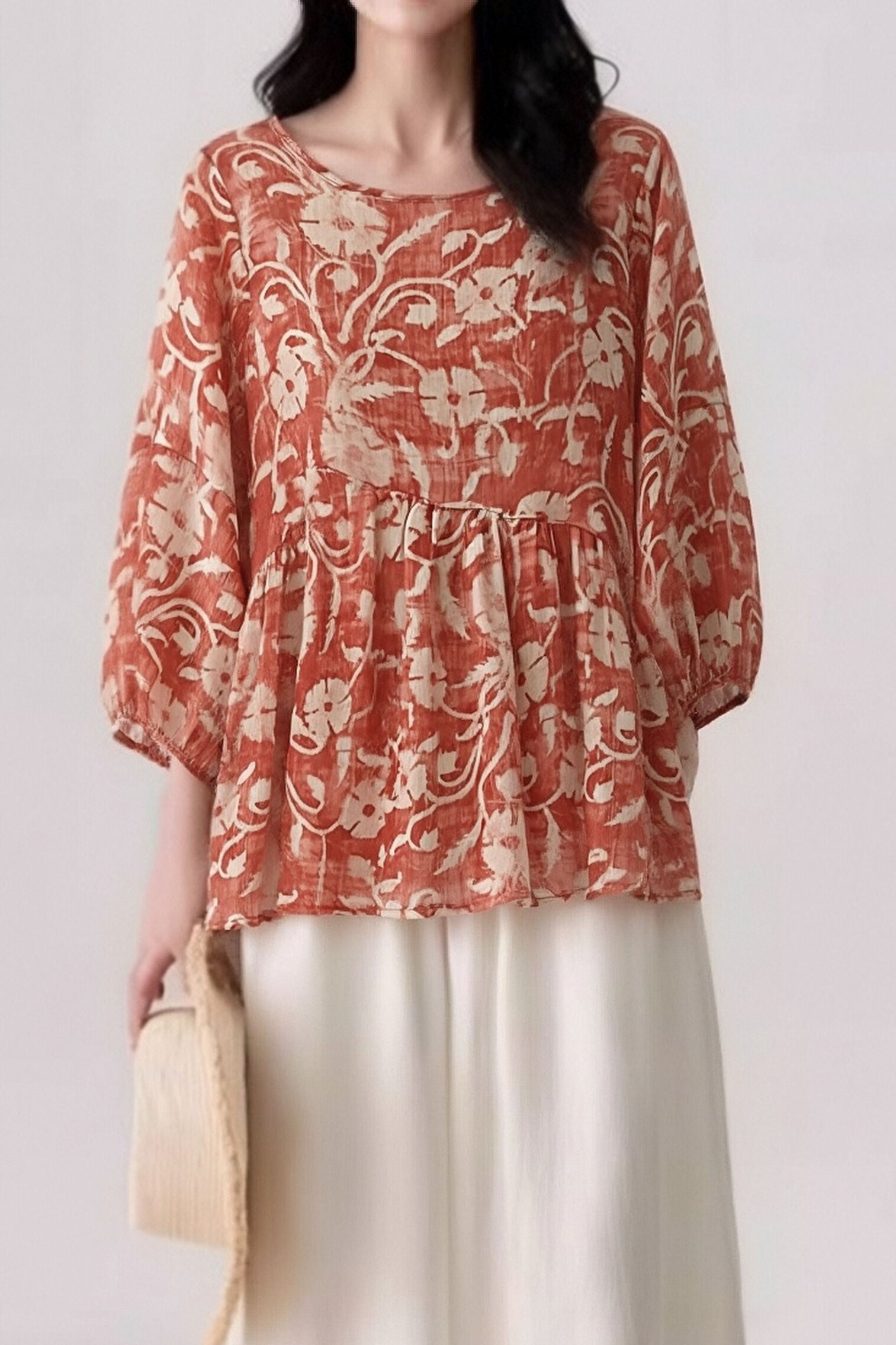 Casual Retro Print Lantern Sleeve Shirt - liwisi